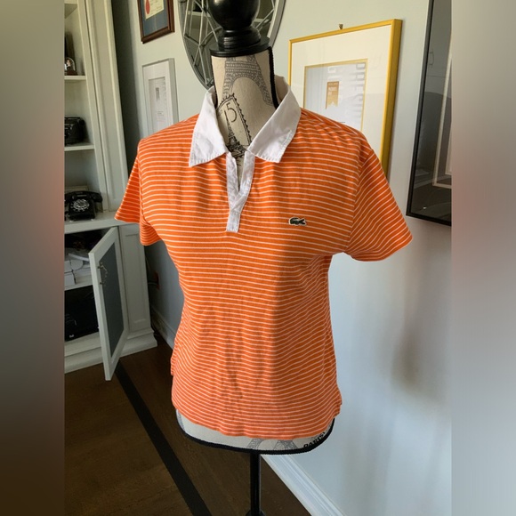 LACOSTE Striped Orange & White Polo Top Women’s Made in France Size Medium - Picture 2 of 11